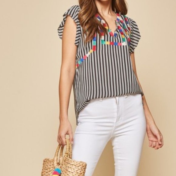 ANDREE BY UNIT Tops - Boho Embroidered Bib Striped Flutter Sleeve Top